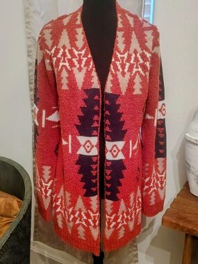 Cozy Tribal Open-Front Cardigan Sweater - Red & Cream